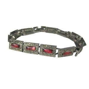 Bracelet 7 In Silvertone Vintage 1970 1980 Red Plastic Panel Tennis Delicate